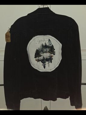 Black Denim Jean Jacket with Woodland Pond Patch